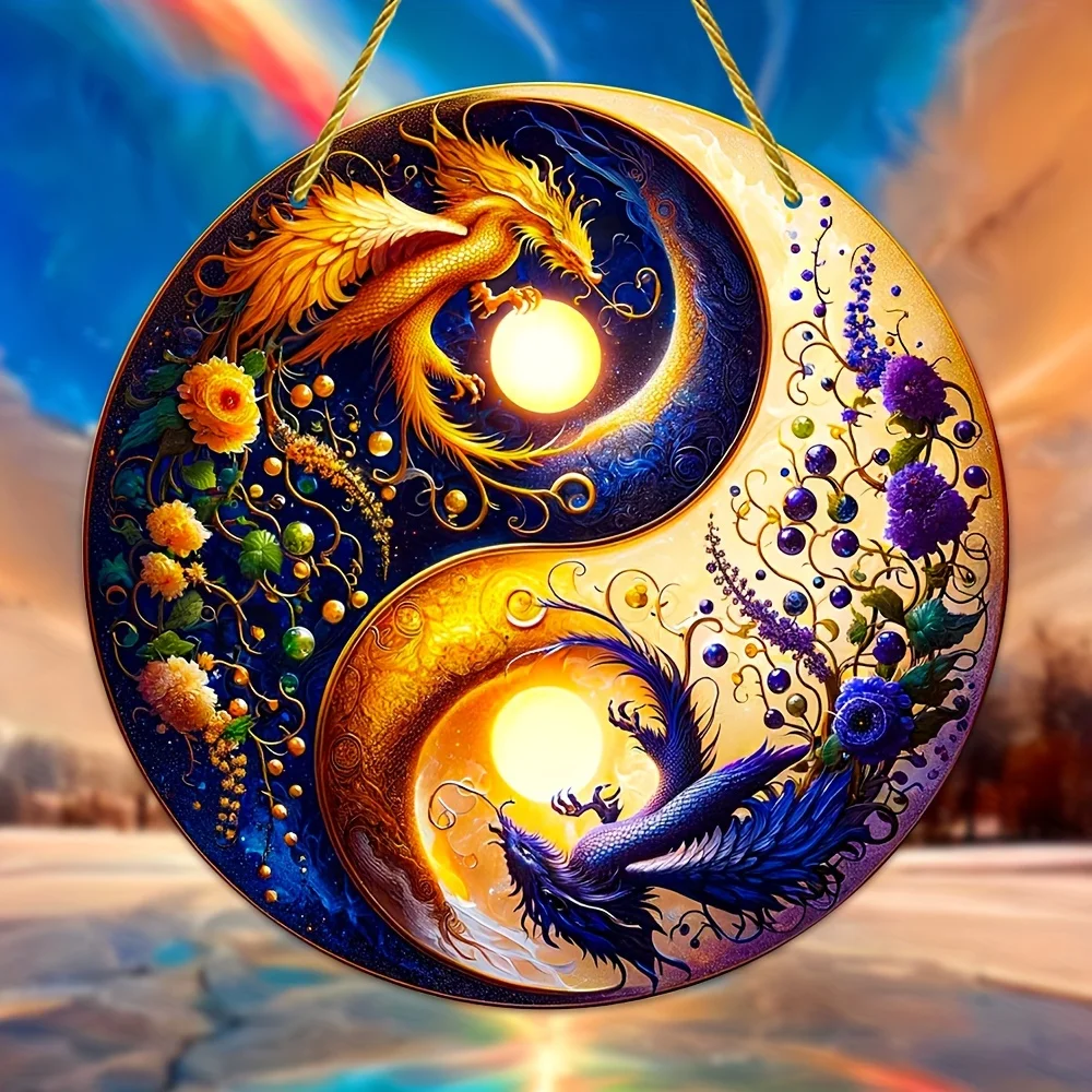 Faux 5D Acrylic Yin-Yang Dragon And Phoenix Sun Catcher,Acrylic