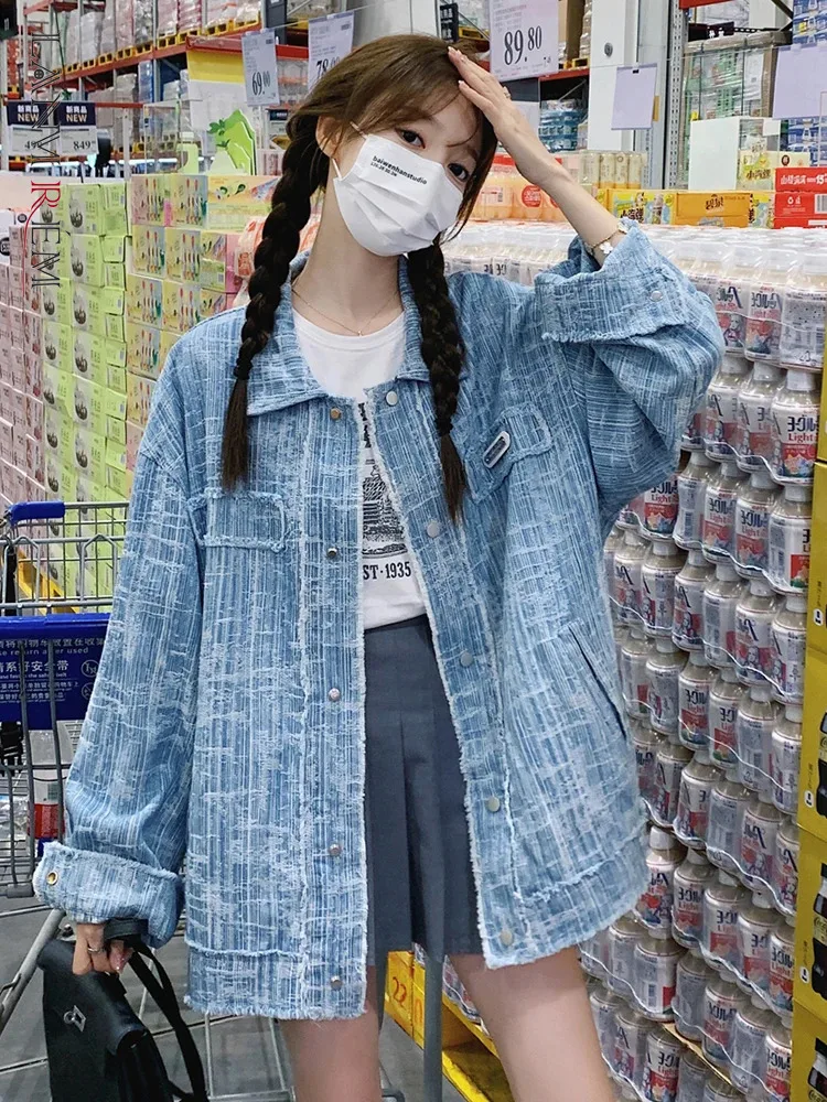 

LANMREM Streetwear Denim Blue Jackets Women Lapel Single Breasted Loose Coat Fashion 2024 Female Spring New Clothing 2AA5105