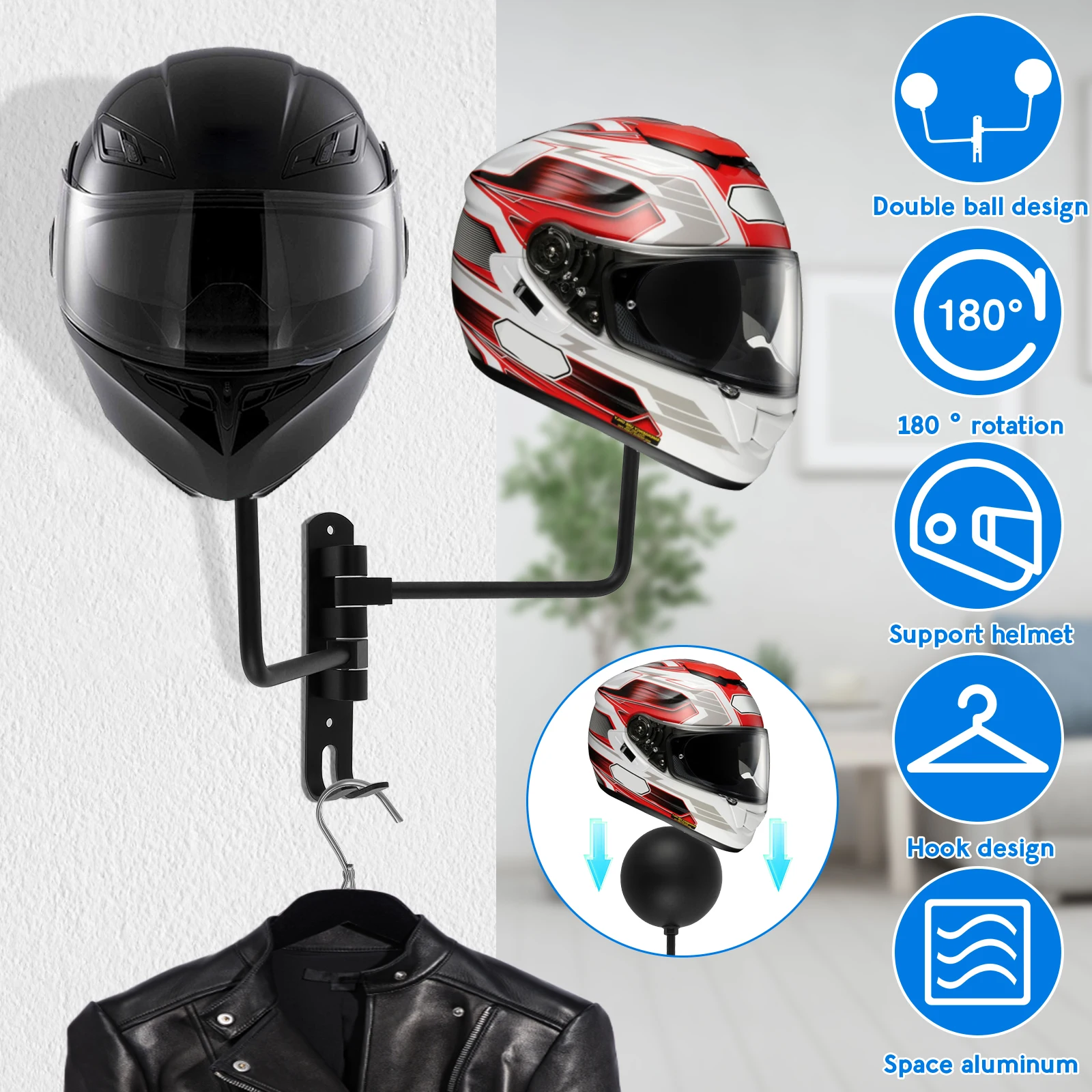 1/2Set Dual-Ball Motorcycle Helmet Holder Metal Helmet Stand Rack with Hook Wall Mount 180&deg; Rotation Storage Hanger for Helmets