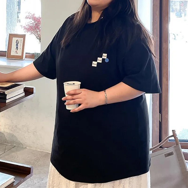 Summer Clothes for Womens Round Neck Funny Printing Plus Size Pullover T-Shirt Korean Letter Loose Short Sleeve Black Tops Trend