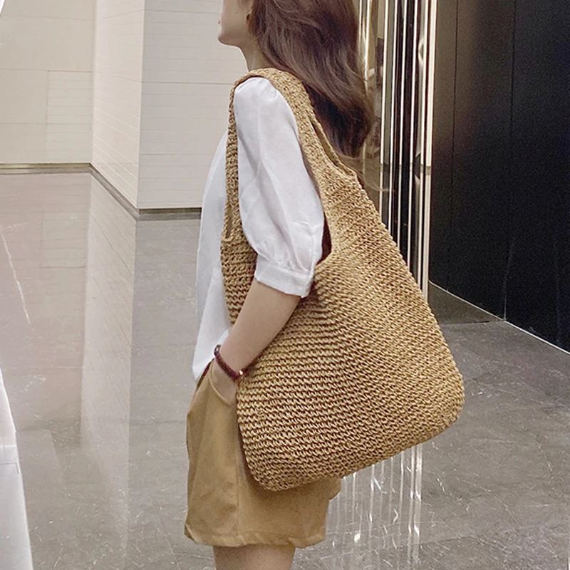 Handmade Straw Women Shoulder Bags Wikcer Woven Tote Handbag Large Capacity Casual Rattan Beach Shopper Bag Grocery Shopping Bag