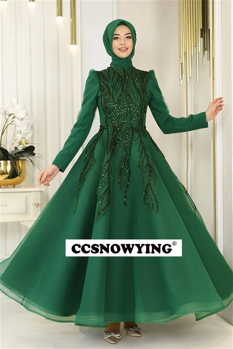 

Organza Appliques Beaded Muslim Hijab Evening Gown Long Sleeve Islamic Formal Party Dresses Women Arabic Kaftan Robe De Soiree