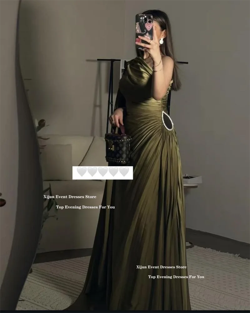 Xijun Green Long Evening Dresses One Shoulder Cape Sleeves Prom Dresses A-Line Pleats Crystal Saudi Arabric Prom Gowns