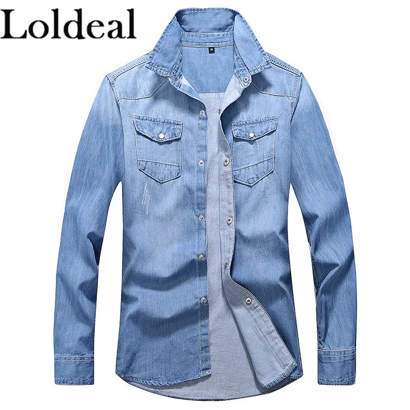 

Men Essential Button Down Long Sleeve Washed Denim Shirt