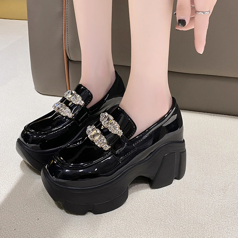 

8CM Patent Genuine Leather Platform Sneaker Spring Summer Women Black Platform Wedge rhinestone shoes