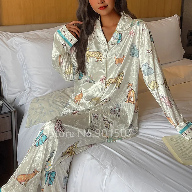 

Print Cartoon Shirt Pants Gold Velour Pyjamas Women Warm Trousers Set Autumn Winter Sleepwear Warm Home Clothes Loungewear