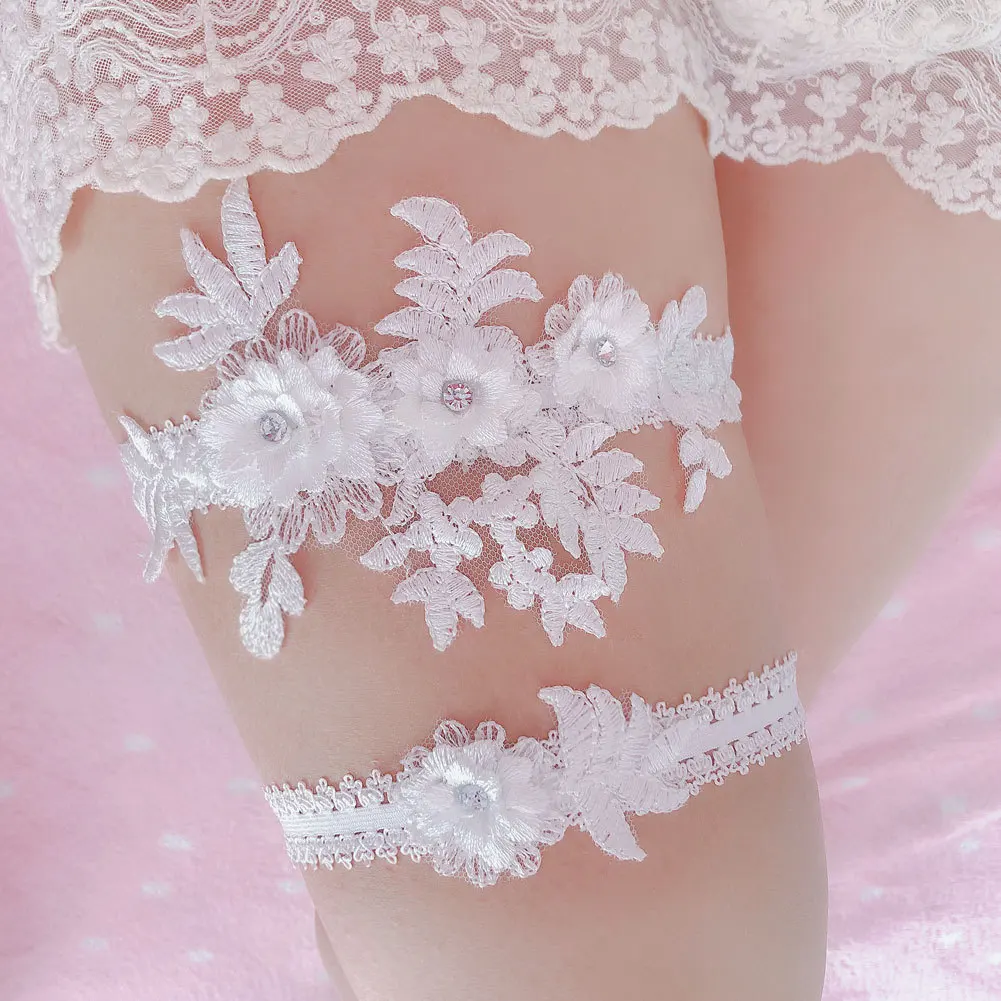 

New Bride Sexy Lace Flower Rhinestones Wedding Garter Belt Bridal White Thigh Leg Garter Ring For Women Wedding Accessories