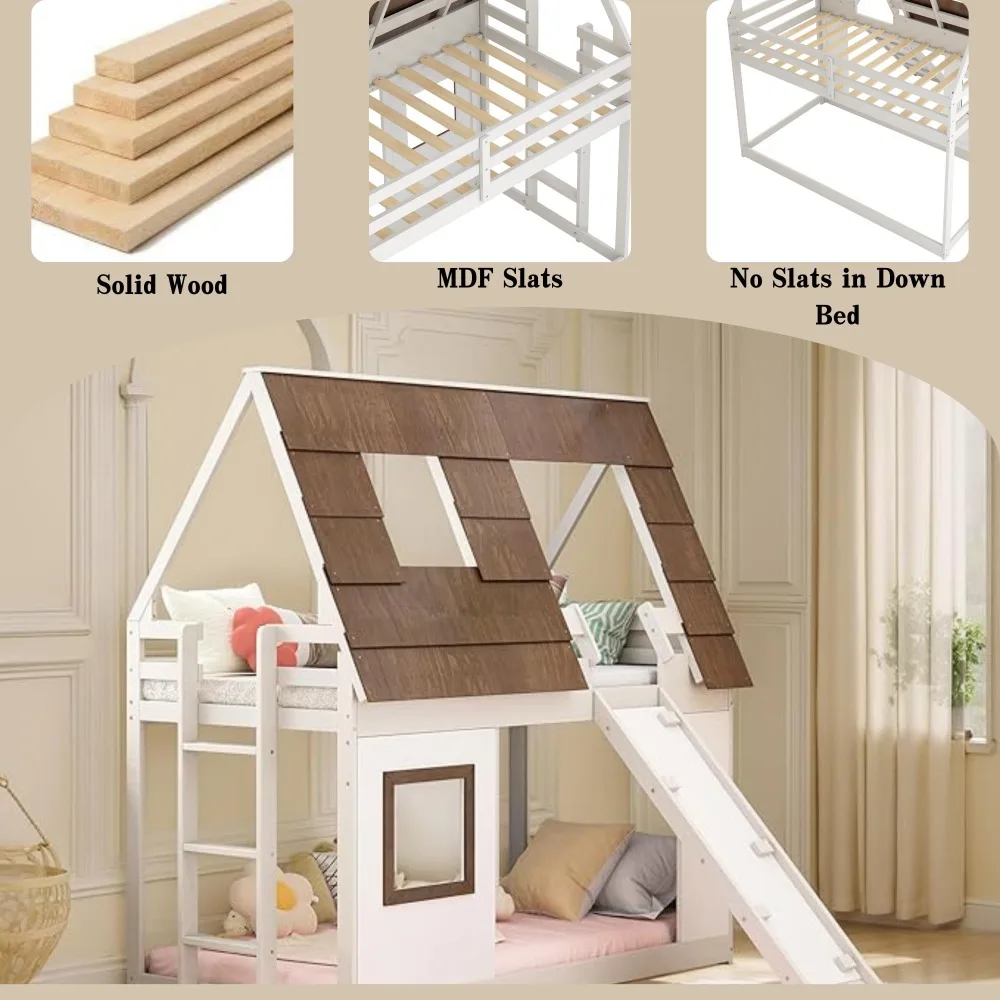 Low House Bunk Bed with Slide and Roof, Wood Twin Over Twin Floor Bunk BES for Kids 2