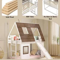 Low House Bunk Bed with Slide and Roof, Wood Twin Over Twin Floor Bunk BES for Kids 2
