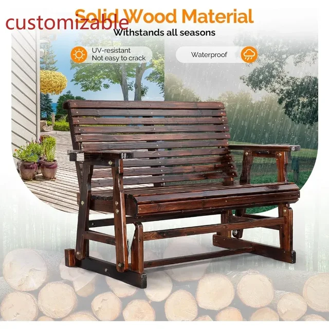 2025New-Durable Wooden Patio Glider Chair with Built-in Cup Holders, Outdoor Bench Glider Loveseat featuring a Smooth Rocking Mo 1
