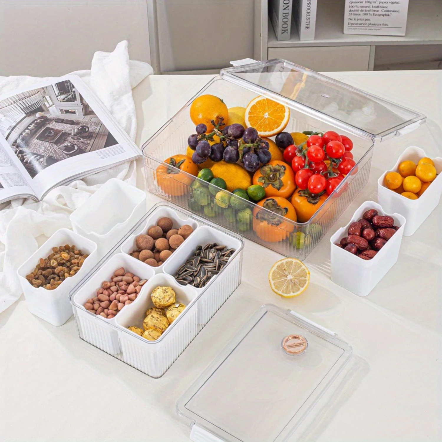 Plastic Snack Organizer Box with Removable Dividers-Airtight Serving Tray with Lid-Multi-Compartment Charcuterie Snack Conta