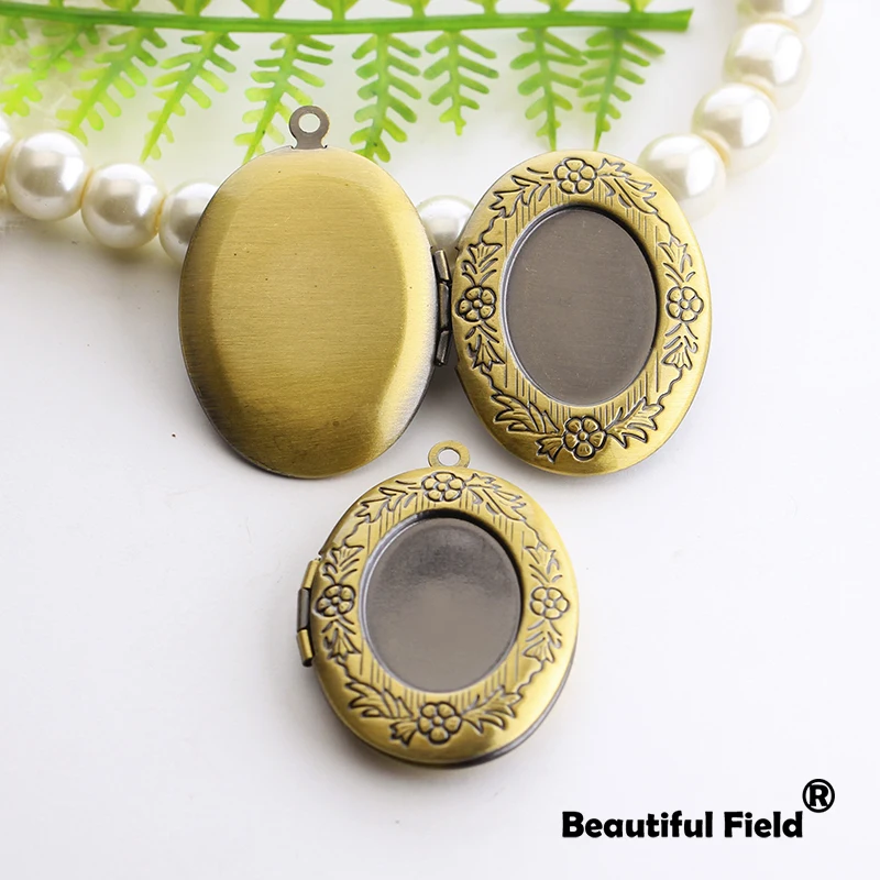 2 Stück passend für 13 x 18 mm Foto-Loclet-Box-Einstellpinsel, bronzefarben plattiert, ovale Cameo-Basis, leeres Tablett, Blumen