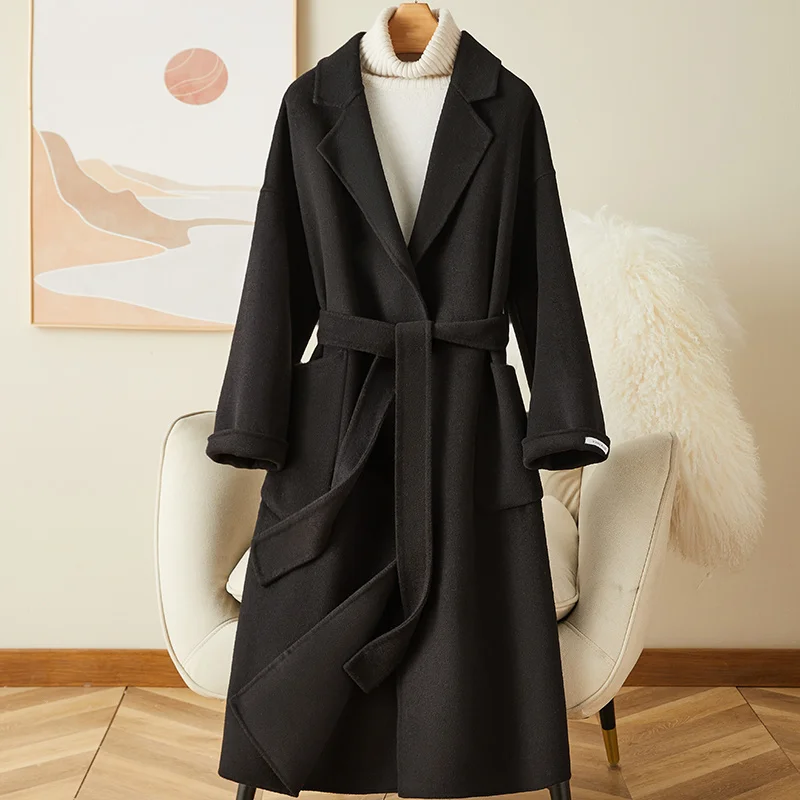 

Black Double sided Cashmere Coat Women's Mid length 2023 Autumn/Winter New 100 Pure Wool Coat Hepburn Style