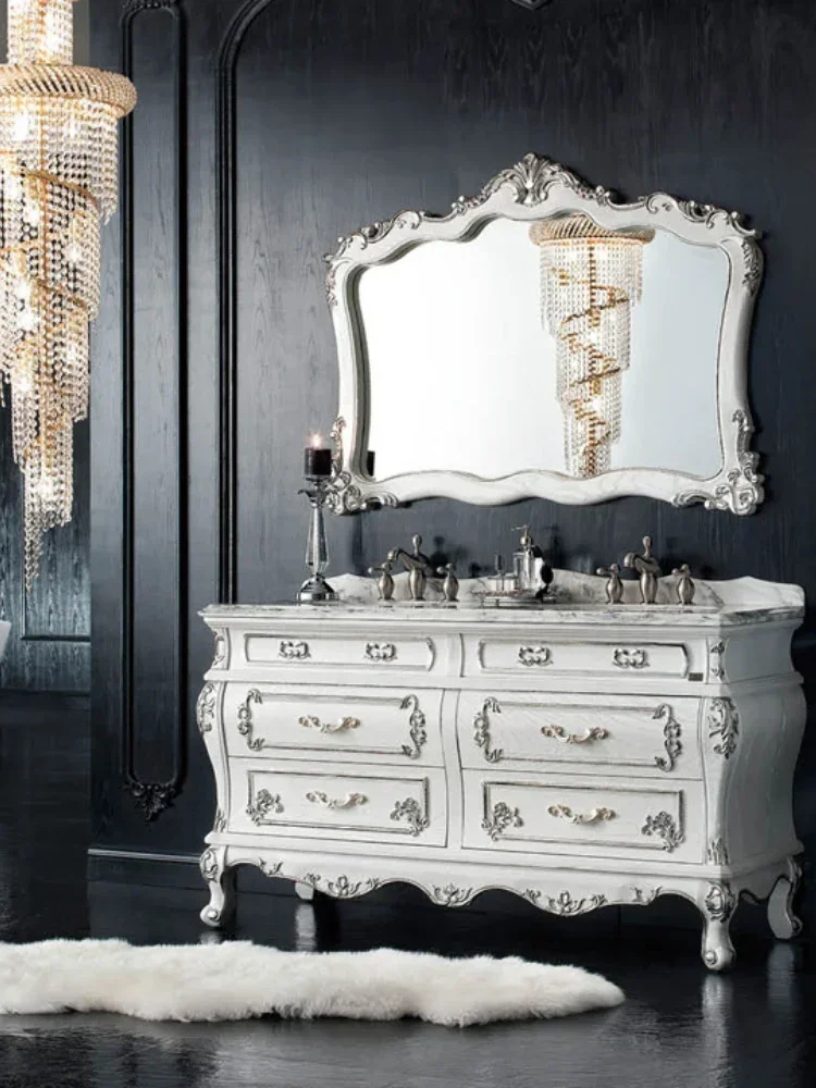~Solid wood European style bathroom cabinet double basin antique bathroom cabinet oak floor combination washbasin floor