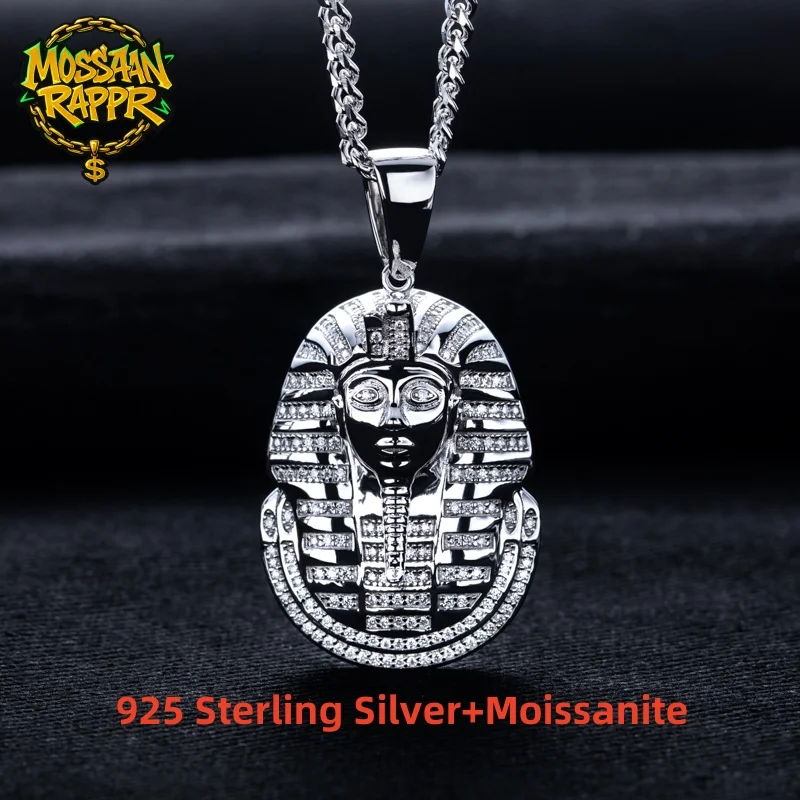 MossanRappr Moissanite Iced out Egyptian Pharaoh Pendant Bling Hip Hop Necklace 925 Sterling Silver Heavy Metal Jewelry for Men