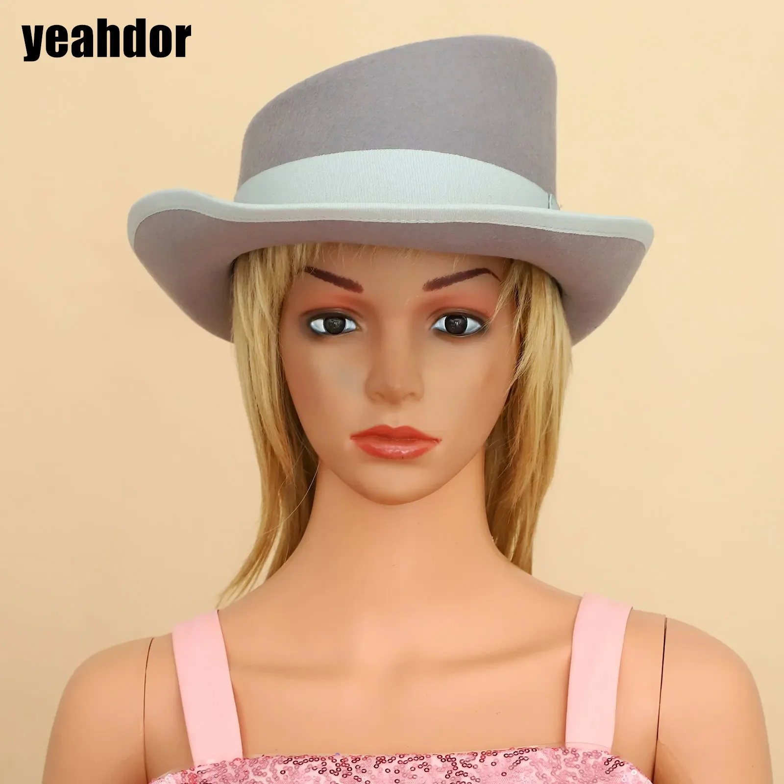 

Unisex Asymmetric Cylinder Wool Felt Hat Decorative Belt Flanging Top Hat Party Costume Accessory for Vintage Cosplay Cocktails