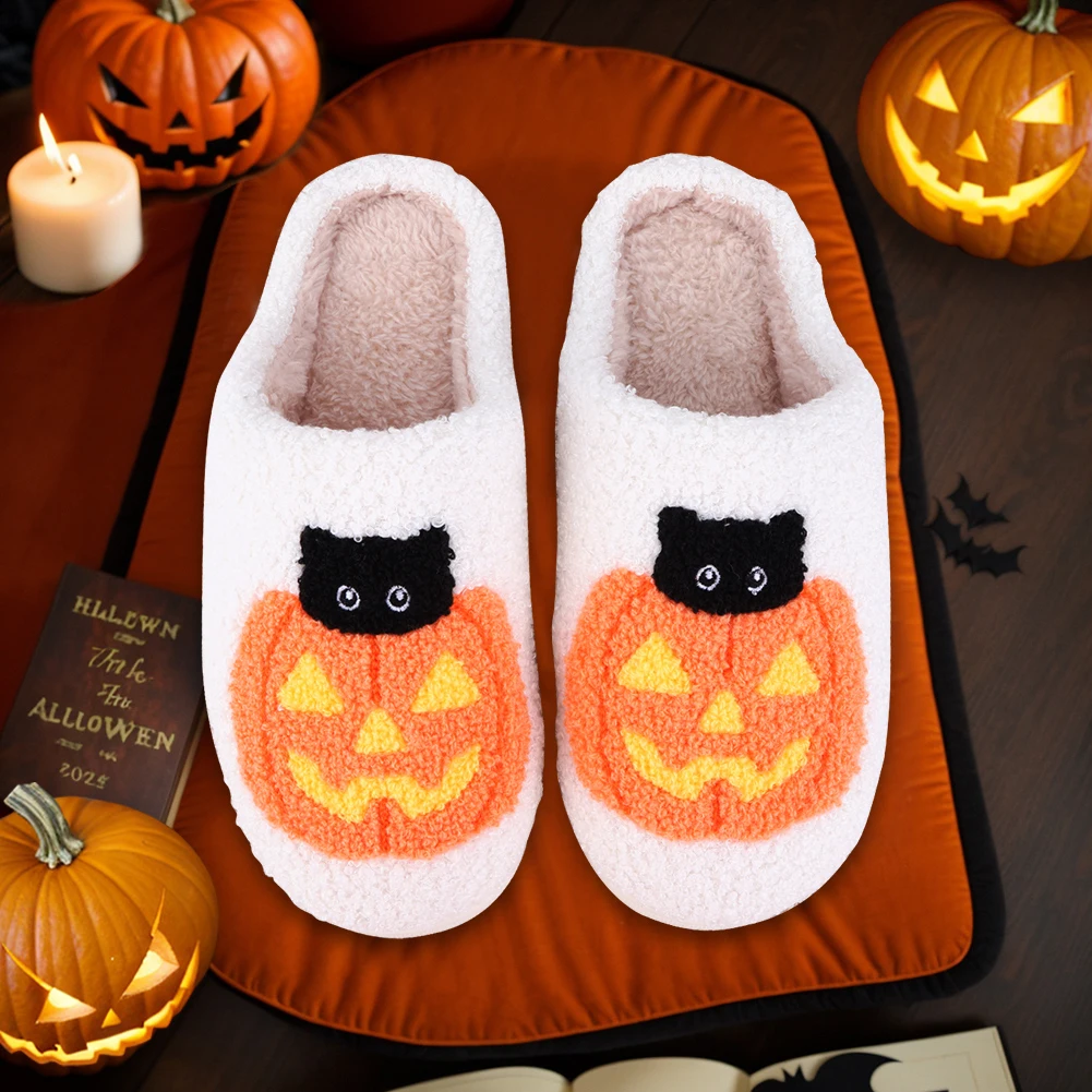 Plush Furry Slippers Pumpkin Cat Pattern Anti Slip