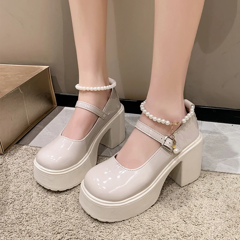 Fashion Women Shiny Patent Leather High Heeled Chunky Pearl Straps