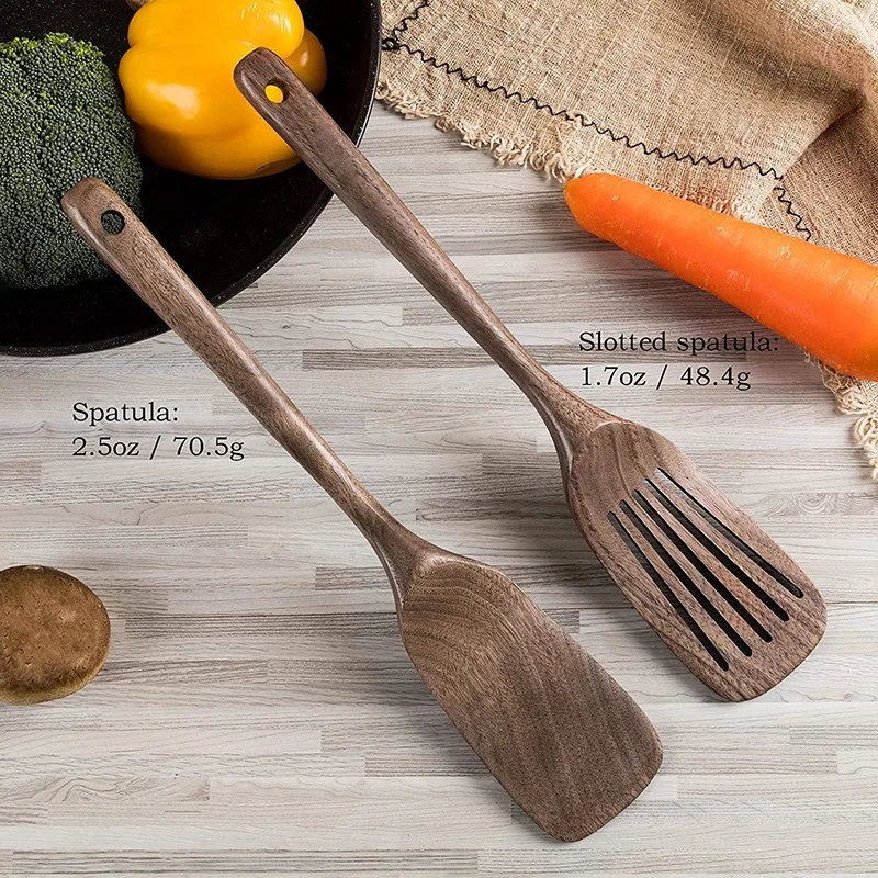 Wooden Spatula&Slotted Spatula for Cooking Black Walnut Long Handle Wood Slotted Turner for Non-Stick Cookware