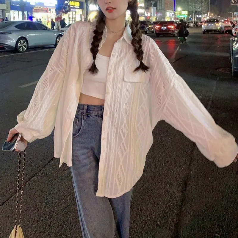Women's Clothing Korean Basic Shirt Spring Autumn Casual Polo-Neck Commute Single-breasted Fashion Solid Color Hollow Out Blouse