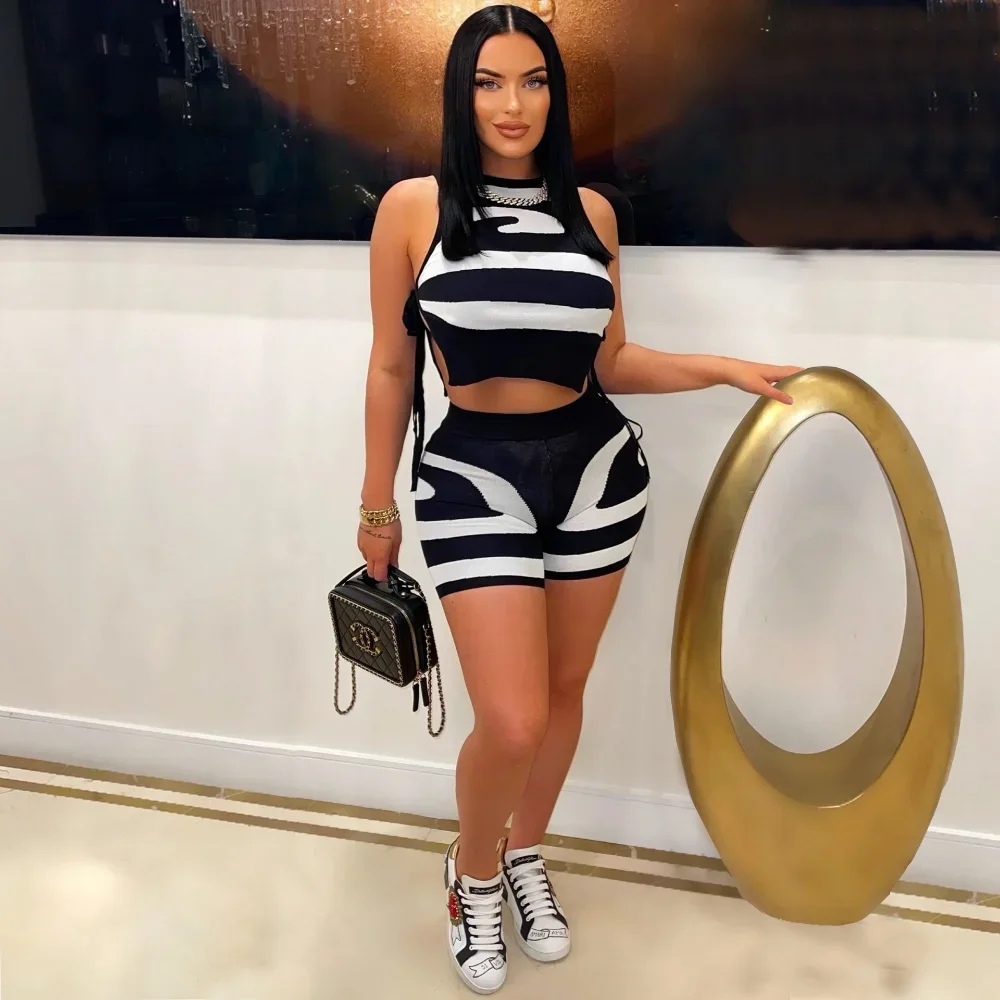 Wmstar Two Piece Set Patchwork Knitted  Women O Neck Sleeveless Lace Up Vests Crop Top Shorts Suit Stretchy Tracksuits Wholesale