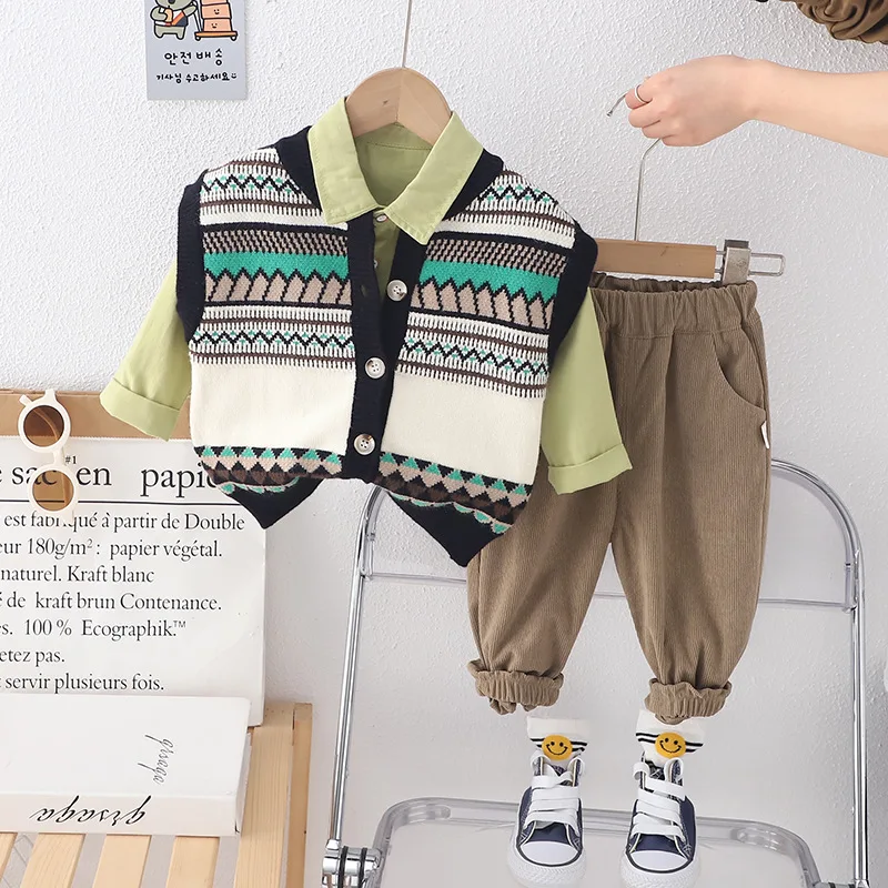 

2024 Western Baby Boy Clothes Luxury Designer 1-5T Wave Sleeveless Knitted Sweat Vest + Shirts + Pants 3PCS Kids Boys Outfit Set