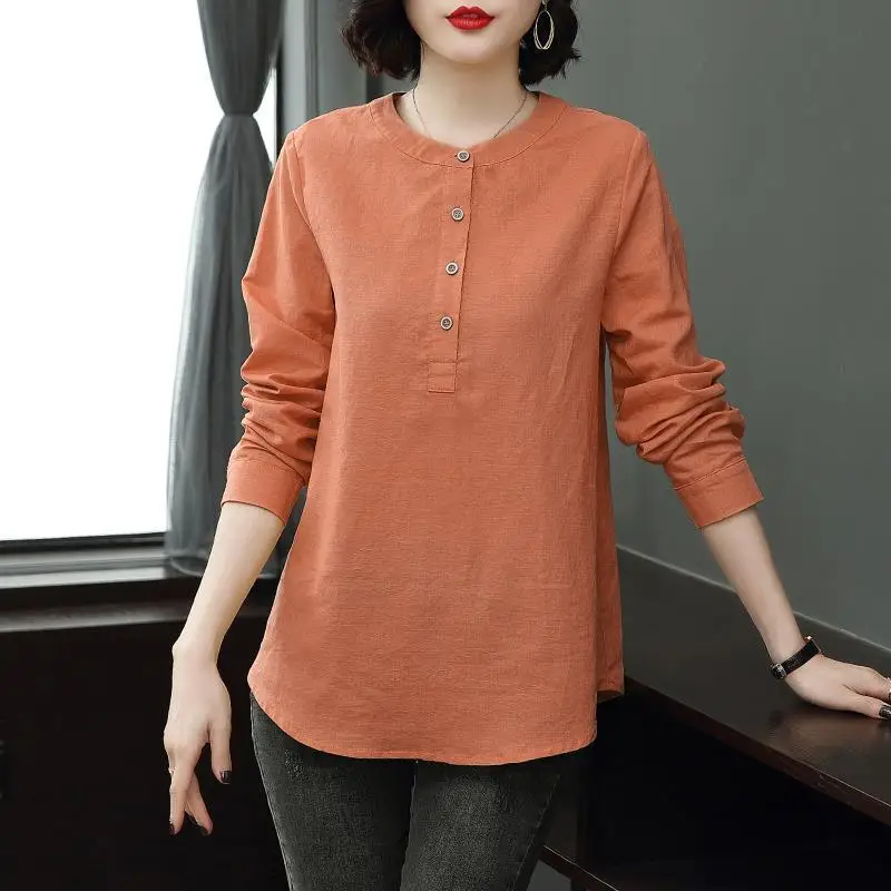 

2023 Spring Autumn New Solid Color Round Neck Long Sleeve Button Pullovers Women Fashion Loose Casual Elegant All-match Tops