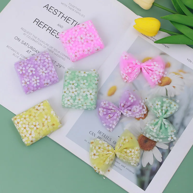 Floret Tulle Daisy Ribbon Roll 5Yards 6cm for Gift Bow Packaging Cherry Blossoms Printed Mesh Fabric ribbon decoration ribbon supplies wrapping ribbon fabric craft supplies