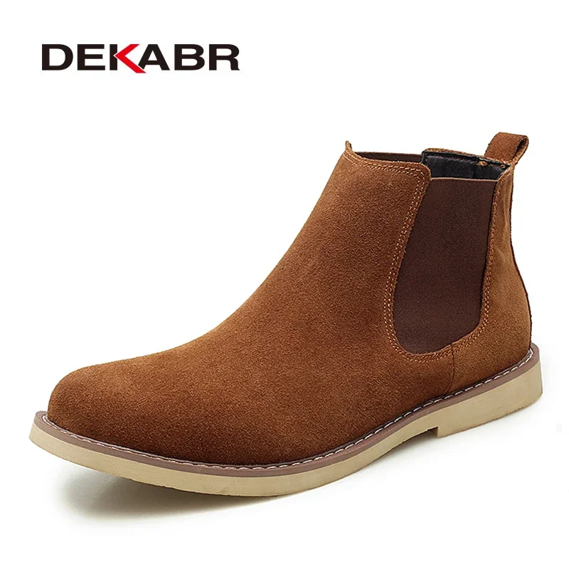 

DEKABR Shoes Men Chelsea Boots Cow Suede Fashion Warm Snow Boots Motorcycle Ankle Boots Vintage Style Slip on Casual Shoes