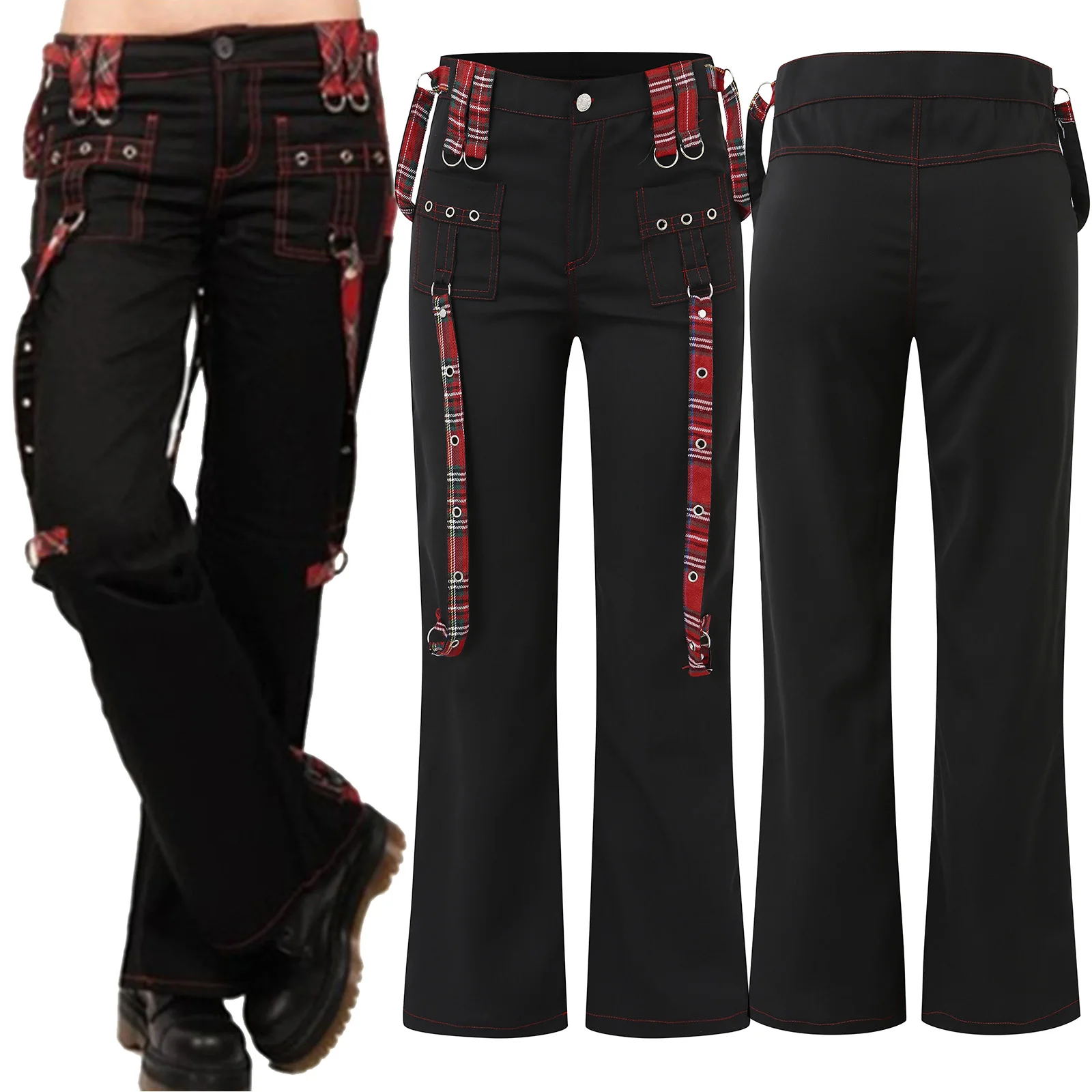 

Streetwear Vintage Gothic Pants Women High Waist Y2k Punk Harajuku Ribbon Red Plaid Cargo Pants Summer Spring Slim Flare Pants