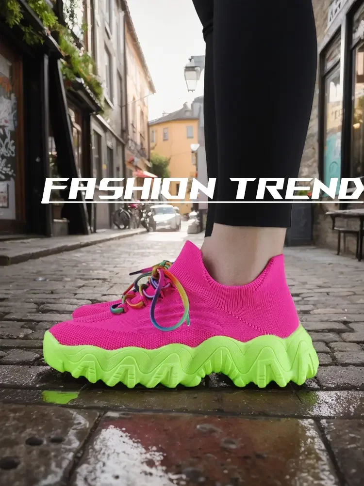 Spring Pink Casual Shoes Breathable Mesh Sports Sneakers Women Lace Up Ladies Comfort New Fashion Non-slip Sock Sneakers