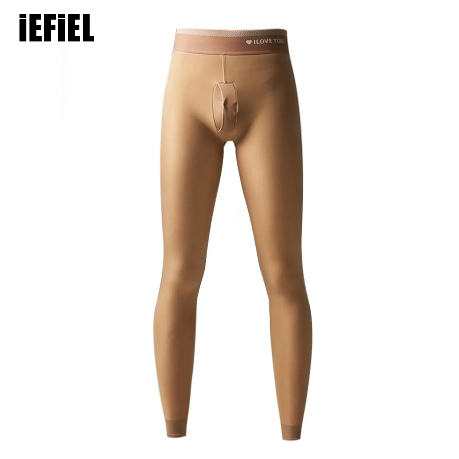 Mens Fleece Lined Thermal Underwear Pants Pantyhose Letter Elastic Waist Silky Leggings Base Layer Bottoms for Cold Weather