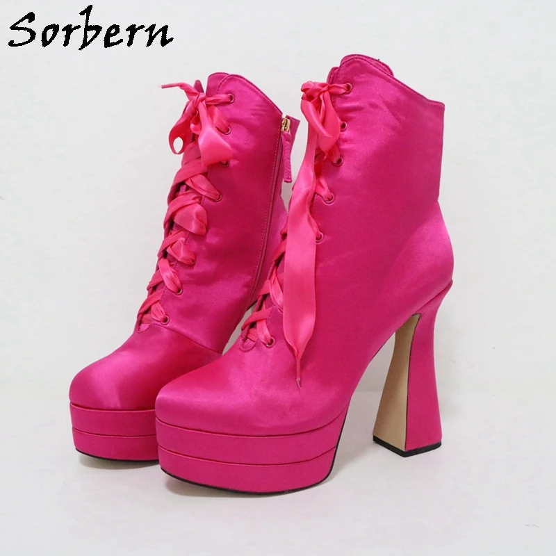 

Sorbern Fuchsia Satin Ankle Boots Women Block High Heel Shoes Lace Up Short Booties Platform Shoe Party Heeled Custom Colors