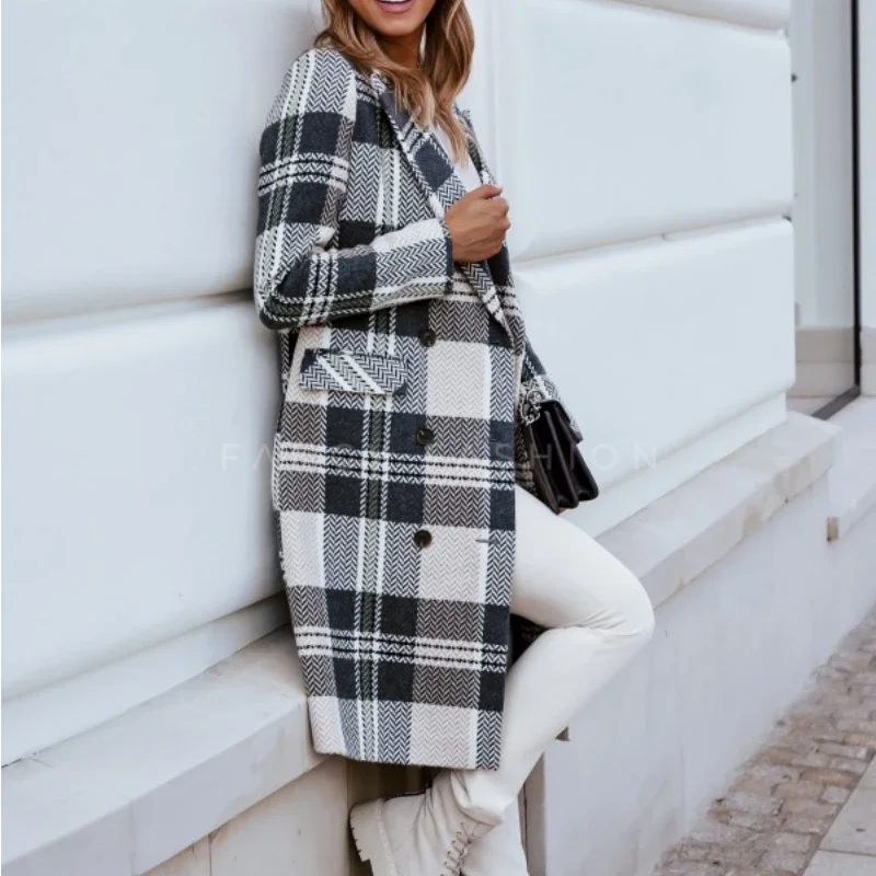 Autumn/winter New 2024Style Simple Plaid Suit Collar Long-sleeved Coat Double-breasted Straight Long Casual Woolen Coat Women