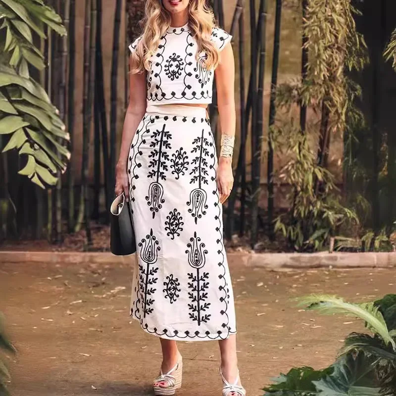 Fashion Print Skirt Suit Women O-neck Short Sleeve Tops 2024 Summer Slim High Waist Lace Up Lady Skirts Casual Beach Holiday Set