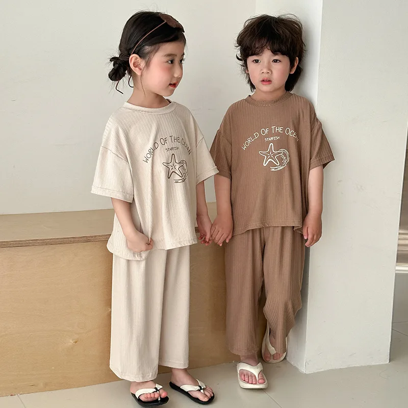 2025 Summer Kids Sleepwears Set Boys Cute Starfish Letter Home Suit Cotton Soft Children Girls Thin Pajamas Loungewears 2