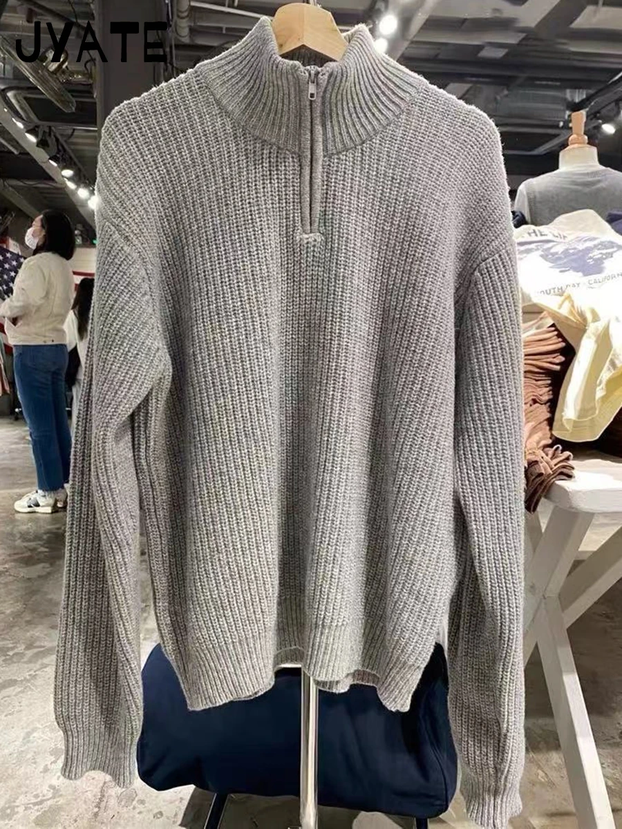 

Simple Gray Knit Cotton Warm Jumper Women Casual Streetwear Half High Collar Loose Pullover Tops Vintage Harajuku Y2K Sweaters