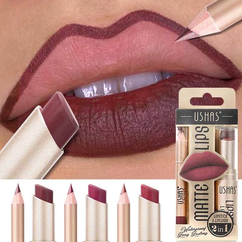 Matte Lipstick 2 In 1 Lipstick Set Makeup & Lip Liner Pencil Waterproof Lasting Cosmetics Nude Brown Contour Tinted Lip Balm Kit