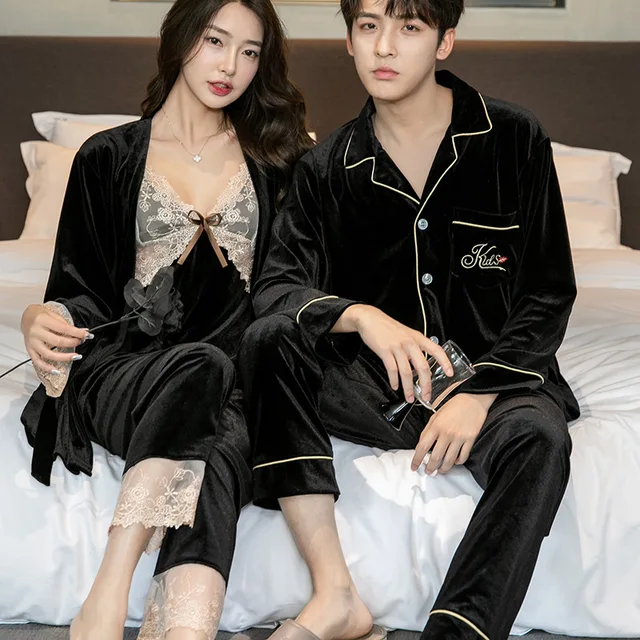 Velour Couple Pajamas Set Autumn Winter Women Sleepwear Pijamas Suit Sexy  Patchwork Lace Bathrobe Lingerie Casual