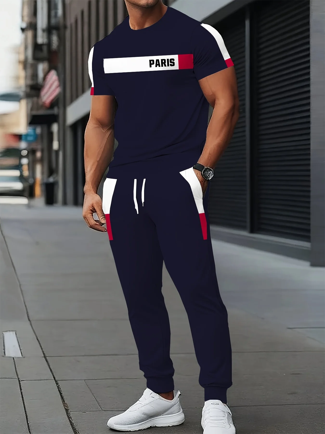 Summer New Men's Stripe Printed Soft, Comfortable, Breathable Round Neck T-shirt Pants Set Outdoor High Street Two Piece Set