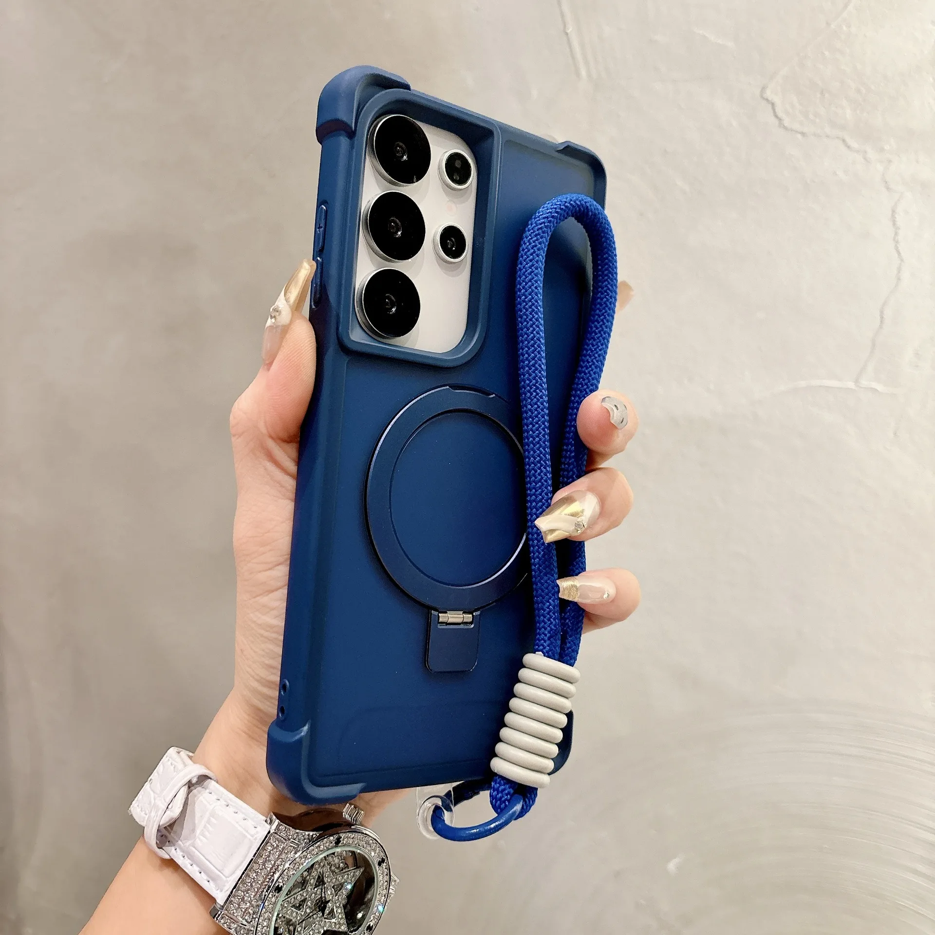 Armor Folding Magnetic Ring Stand Wrist Strap Shockproof Protective Phone Case