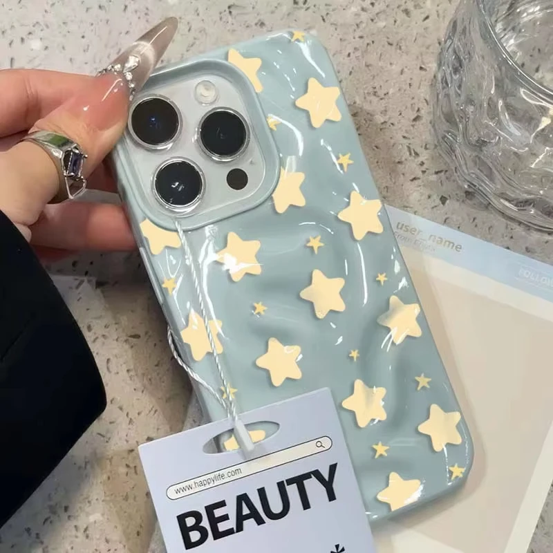 Korean-Inspired Wrinkled Yellow Stars Shockproof Phone Case with Textured Soft Back Cover