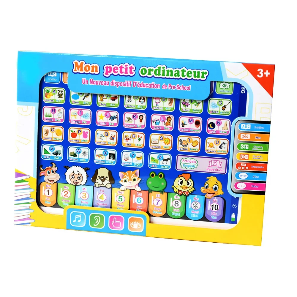 프랑스어-아랍어 이중 언어 어린이 학습 태블릿 장난감, 글자, 숫자, 어휘 학습 도구가 포함된 용 인터랙티브 교육 패드