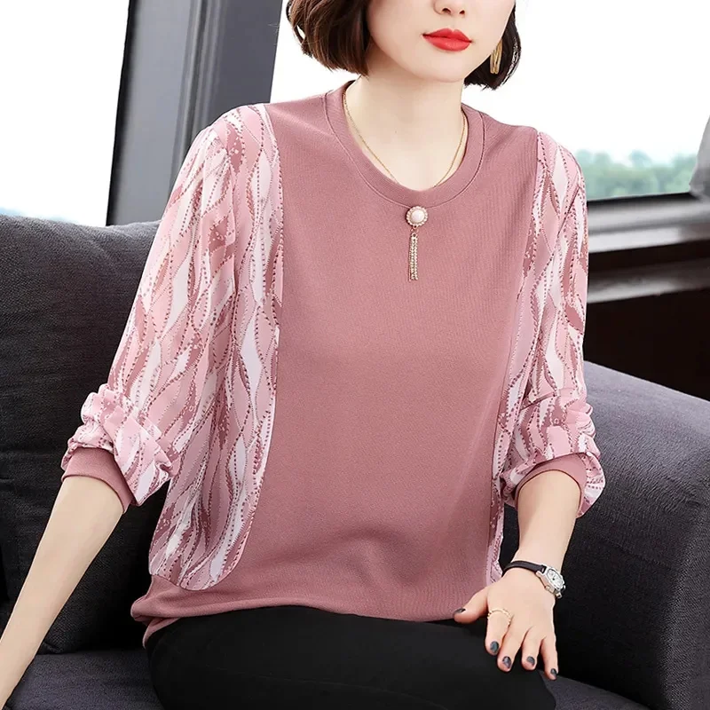 

Mid aged Mom's 2023 Autumn New Long Sleeve T-shirt Women's Pure Cotton Loose Cover Top Fashion Temperament Small Shirt Commuter