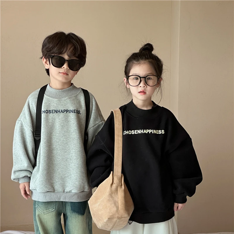 

Hoodies Winter Season New Childrens Clothing Korean Plush Sweater Boys and Girls Letter Half High Collar Collet Tops