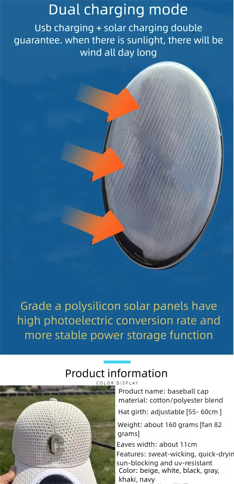 New Solar-Powered Charging Fan Cap Summer Extended Brim Mesh Breathable UV Protection Outdoor Hat Sun-Protective Baseball Cap