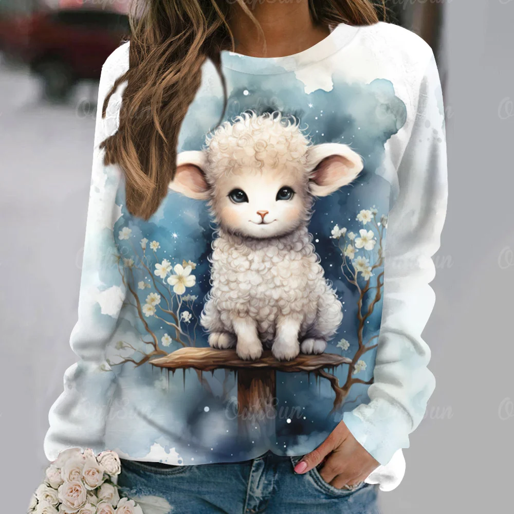 

2023 Women's Oversized T-Shirt Animal Printed Tops Autumn Winter Round Neck Sheep Print Long Sleeve Ladies Kawaii Loose Pullover