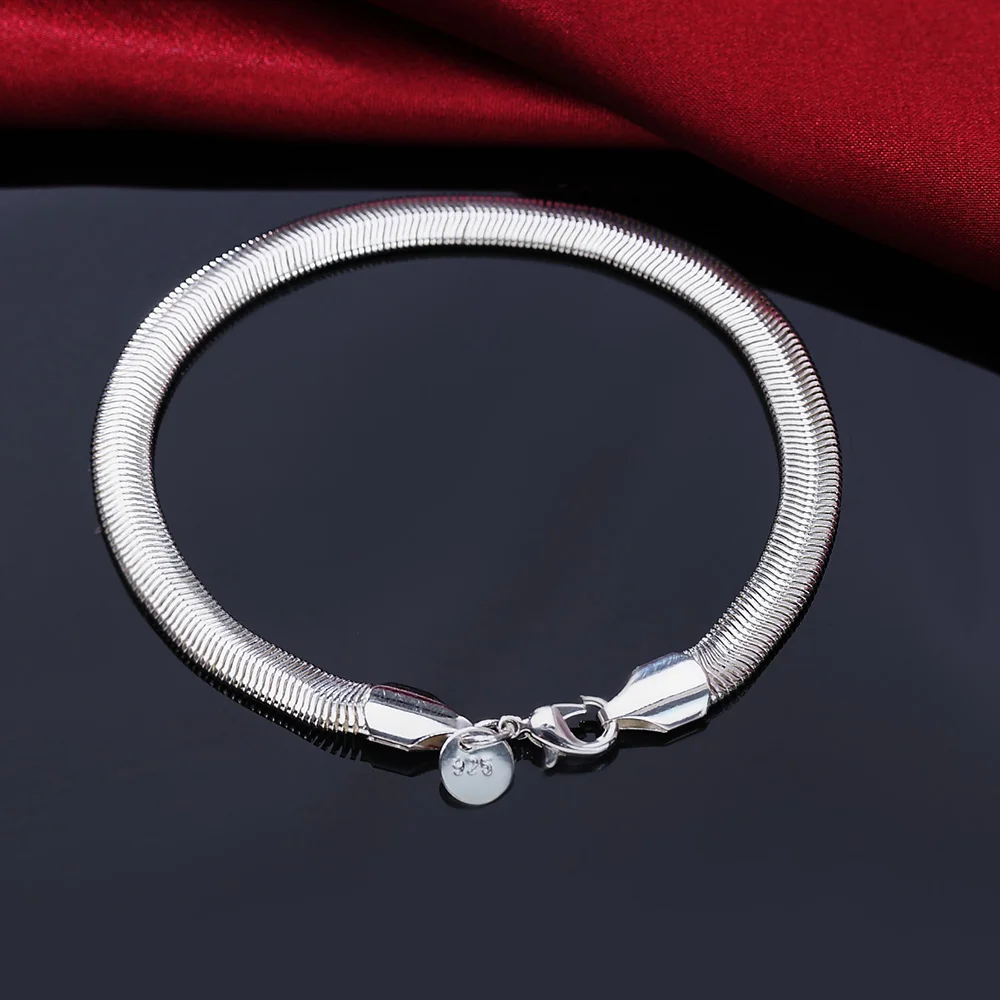 

JewelryTop 925 sterling Silver bracelet 6MM chain Women Mens Jewelry fashion Flat snake 20cm Bracelets free shipping