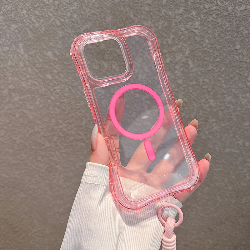 Heavy Duty Clear Shockproof Magnetic Phone Case with Magsafe Charging and Lanyard Attachment