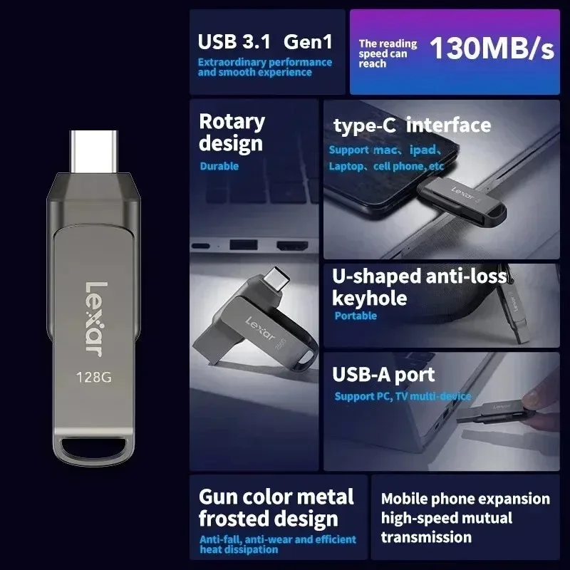 렉사 듀얼 드라이브 D400 USB 3.2 타입-C 타입-A 플래시 드라이브 (PC용, 메탈 하우징, 저장 용량 확장, 점프 드라이브, 렉사)